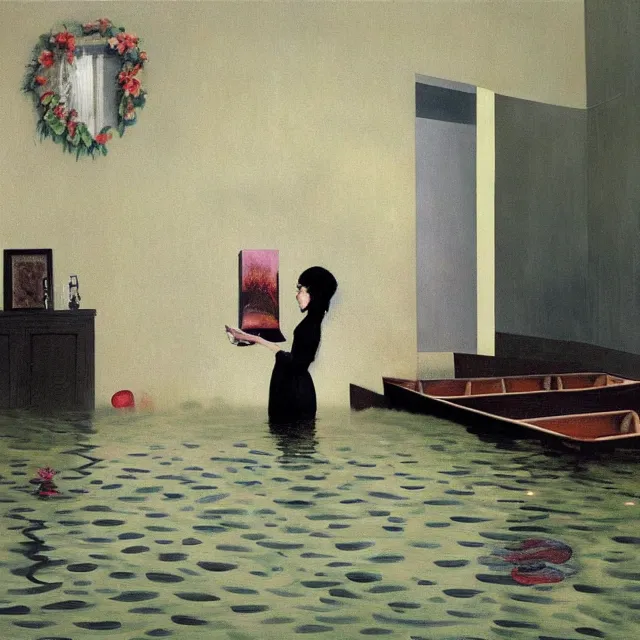 Image similar to tall emo artist in her flooded apartment, painting of flood waters inside an artist's home, a river flooding indoors, pomegranates, pigs, ikebana, zen, water, octopus, river, rapids, waterfall, black swans, canoe, berries, acrylic on canvas, surrealist, by magritte and monet