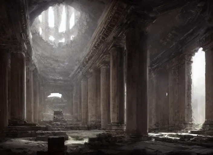 Prompt: Dark roman temple interior, interior, ruins, by Greg Rutkowski, trending on Artstation, massive scale