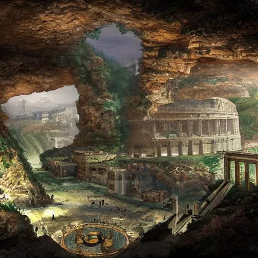 Image similar to the city of Rome but underground in an impossibly large cave,fantasy art,realistic,high quality,detailed