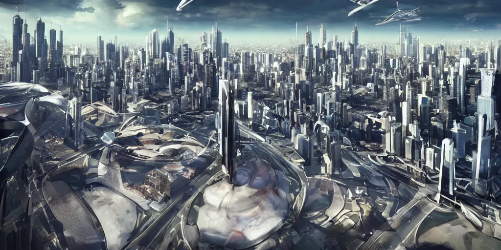 Prompt: Futuristic city of Melbourne viewed from a drone camera, partly cloudy sky, flying cars, hyperloop trains, beautiful and futuristic architecture by Stephan Martiniere, Octane render, VRay