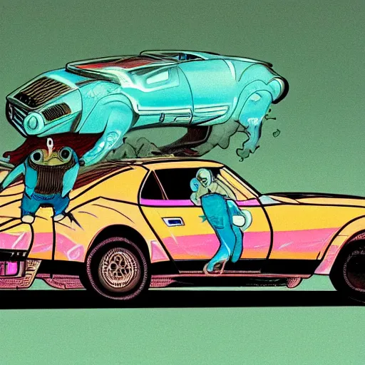 Image similar to a tardigrade driving a trans am, 1 9 8 3, miami, nighttime, synthwave, detailed,