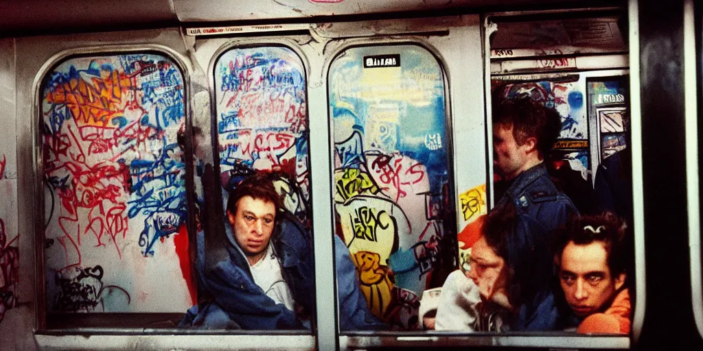 Image similar to new york subway cabin 1 9 8 0 s inside all in graffiti, policeman closeup, coloured film photography, christopher morris photography, bruce davidson photography