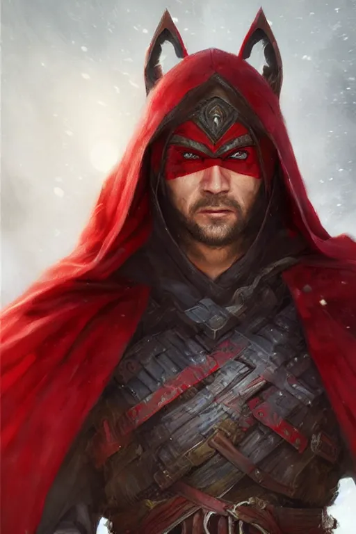 Prompt: wolf warrior in red cape and hood, d & d, fantasy, portrait, highly detailed, headshot, digital painting, trending on artstation, concept art, sharp focus, illustration, art by artgerm and greg rutkowski and magali villeneuve