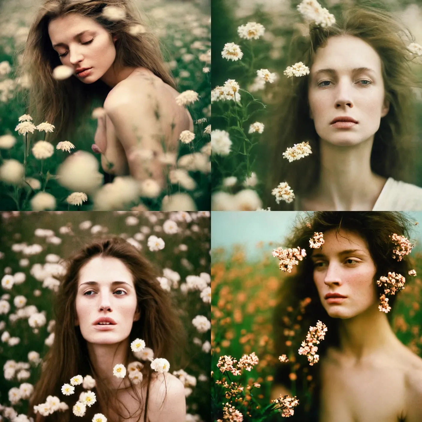Prompt: An analog head and shoulder frontal face photography of a Caucasian woman surrounded by big!!!! flowers by Annie Leibovitz. Vogue. Long hair. closed eyes. Kodak Portra 800 film. Depth of field. whirl bokeh. Sunshine. detailed. hq. realistic. warm light. muted colors. Moody. Filmic. Dreamy. lens flare. Leica M9, f/1.2, symmetrical balance, in-frame