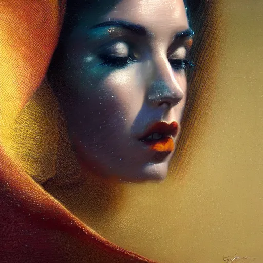 Image similar to detailed face of a woman clothed wrapped in textiles, lush, opulent, fauna, utopian, tech noir, wet reflections, prism, atmospheric, ambient, pj crook, syd mead, livia prima, artgerm, greg rutkowski, nick alm, casey baugh