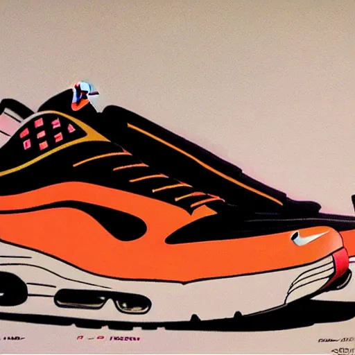 Image similar to retro futuristic Nike Air Max sneakers by syd mead