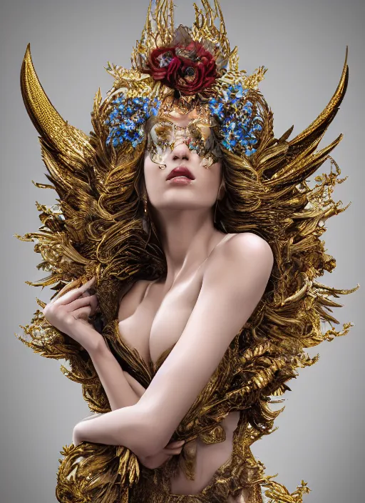 Image similar to expressive full body photo of a female model as beautiful angel, ornate headpiece made from flowers, ornaments, glamour shot, by karol bak, by stefan gesell, octane render, unreal engine, photorealistic, canon r 3, fashion photography, studio shot, realistic skin tone