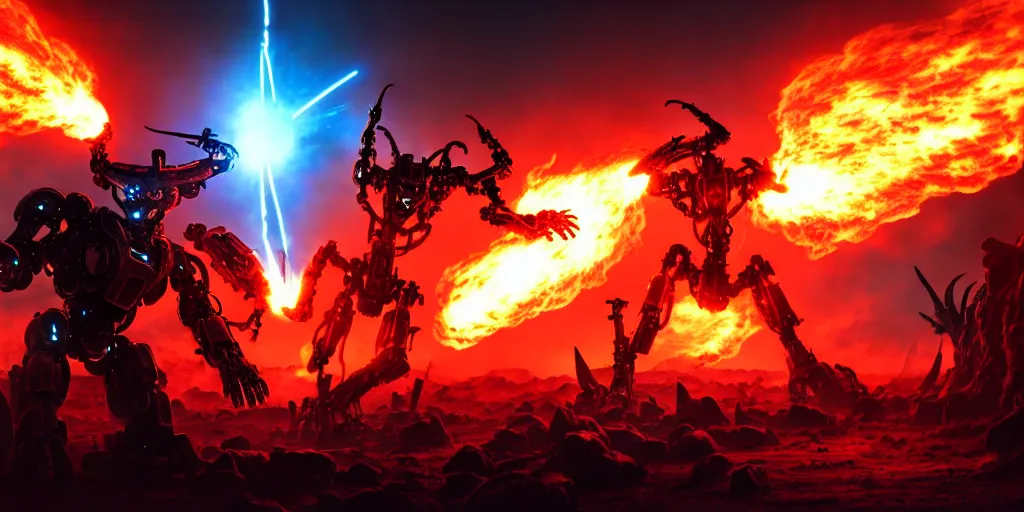 Prompt: cybernetic war at the gates to hades, mecha - warrior battling an alien cyborg in a fiery clash at the gates of hell, 8 k resolution, octane render, photorealistic illustration, low angle pov, dramatic lighting, cinematic fight imagery,