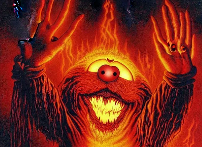 Prompt: extremely scary horror portrait of elmo holding his hands up praising the lord in front of massive endless apocalyptic flames, epic fantasy art by michael whelan