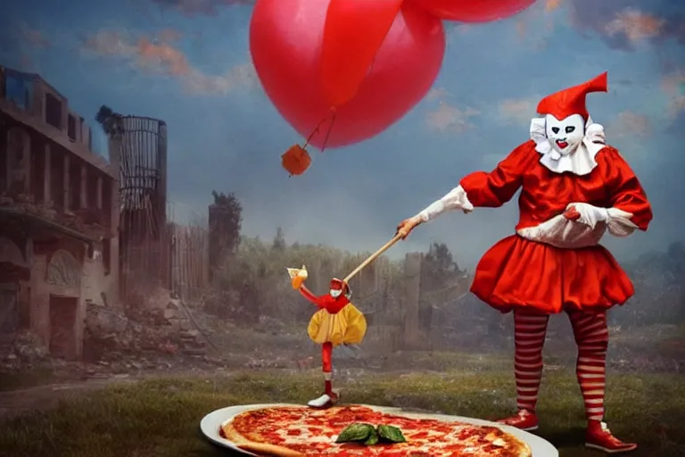 Image similar to pennywise as pulcinella! with a pizza! margherita in front of vesuvius! spewing lava, by esao andrews, by james jean, post - apocalyptic, hyperrealistic, big depth of field, night scenery, glowing lava, 3 d octane render, 4 k, conceptart, masterpiece, hyperrealistic, trending on artstation