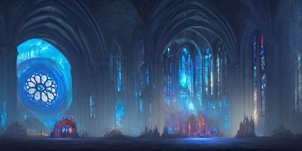 Prompt: giant cathedral made of blue stone and colorful rose window in the middle of abyss. in style of greg rutkowski and hyung - tae kim, trending on artstation, dark fantasy, great composition, concept art, highly detailed, dynamic pose, vibrant colours, epic, 8 k.
