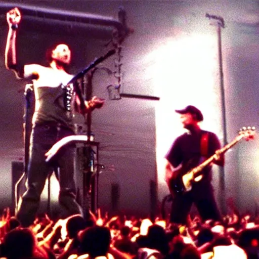 Image similar to Rage Against the Machine, live in concert 1994, Zack de la Rocha, Tom Morello, alternative metal, 1994 VHS quality