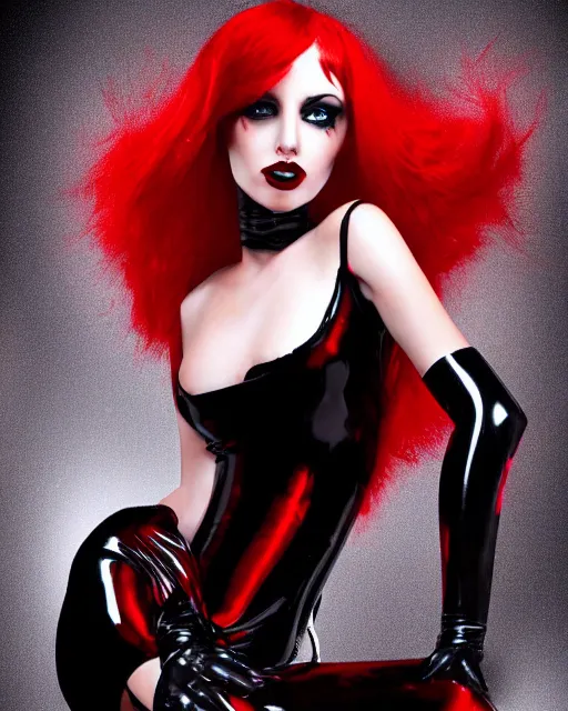 Prompt: Digital painting of a female model posing in a black latex dress, gothic, short red hair, black and red tones, dramatic background