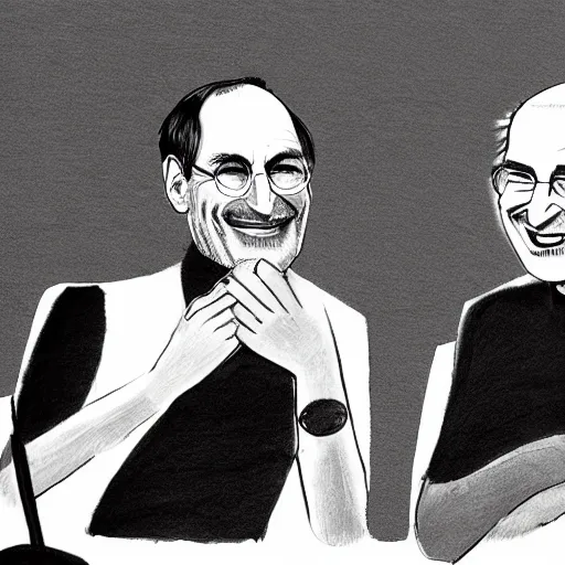 Prompt: Steve Jobs and Bill Gates laughing at an interview, sketch art