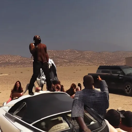 Prompt: kanye west performing a live concert on top of a moving car in the middle of a desert