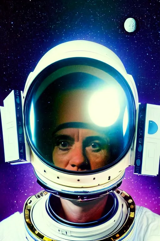 Image similar to studio portrait of space astronaut, holds iphone up to visor, reflection of iphone in visor, moon, alien, extreme close shot, soft light, award winning photo by david lachapelle