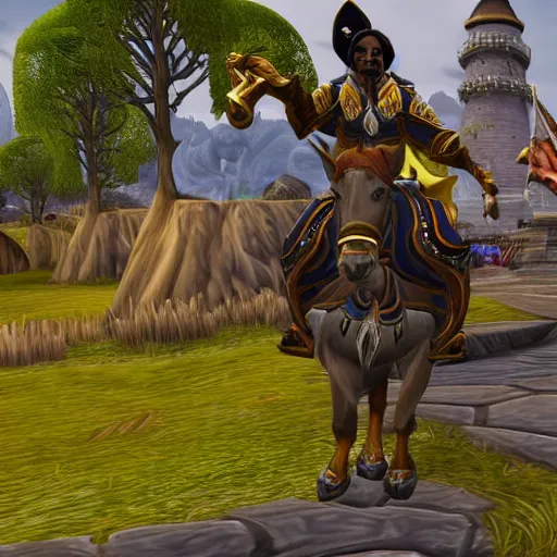 Image similar to snoop dogg riding a horse in stormwind city, warcraft