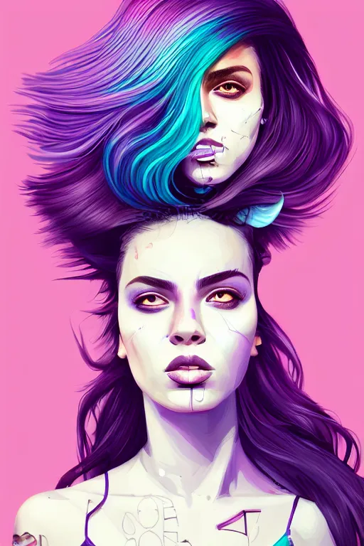 Image similar to a award winning half body porttrait of a beautiful woman in a croptop with ombre purple pink teal hairstyle with head in motion and hair flying by sandra chevrier, outrun, vaporware, illustration, digital art, trending on artstation, highly detailed, fine detail, intricate