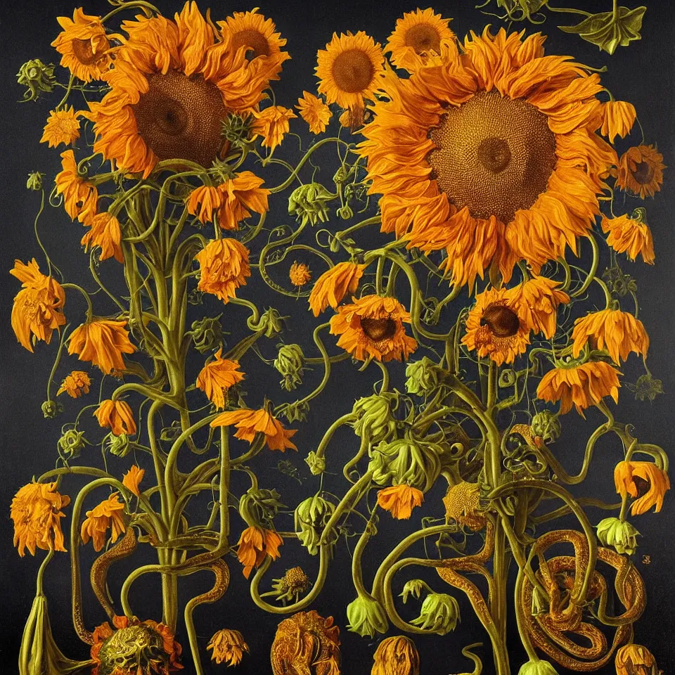 Prompt: dutch golden age bizarre sunflower portrait made from flower floral still life with many blue eyes very detailed nasturtium vines and snakes disturbing fractal forms sprouting up everywhere by rachel ruysch black background chiaroscuro dramatic lighting perfect composition high definition 8 k oil painting with black background by christian rex van dali todd schorr of a chiaroscuro portrait recursive masterpiece