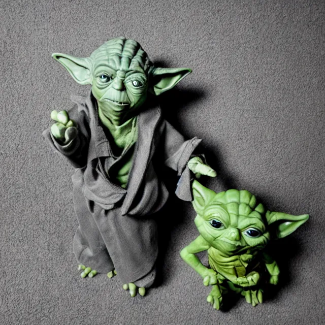 Image similar to yoda overdosed in a filthy motel room, crime scene photo, camera flash on