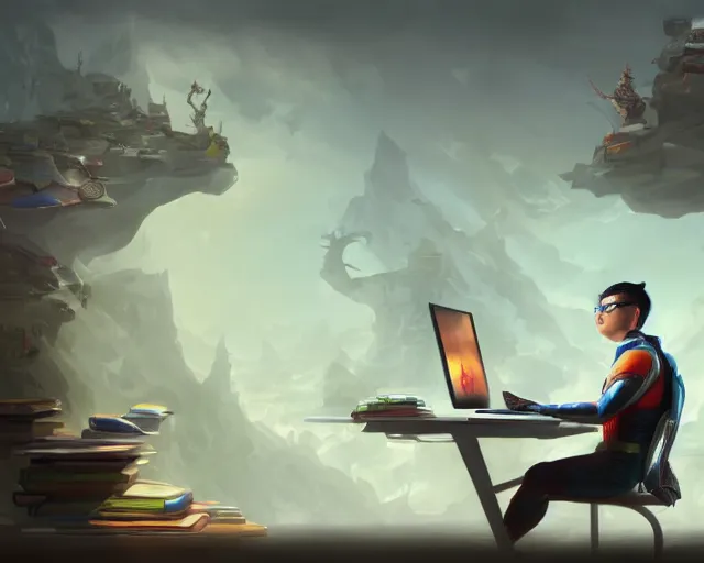 Image similar to an insanely detailed painting of a nerdy asian man wearing a superhero costume, sitting at a desk, staring at the nervously at the computer and typing, in the style of peter mohrbacher, dramatic lighting and composition, octane render, pixar, trending on artstation, concept art, comic book, view from behind