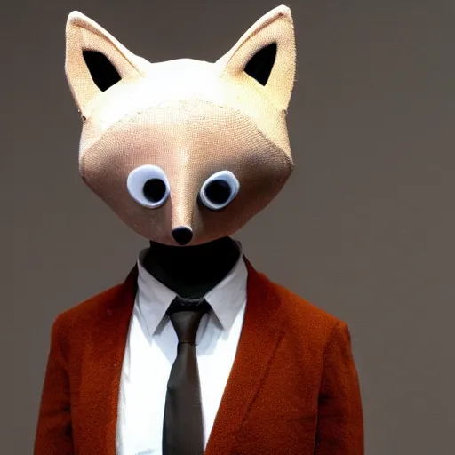 Image similar to a humanoid fox with a face inspired by mr. bean