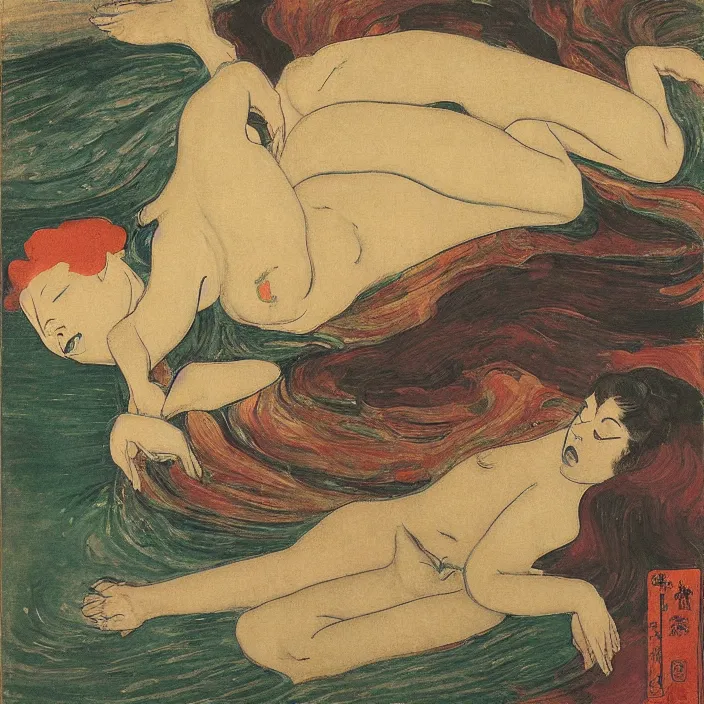 Image similar to shunga scene with turbulent river. painting by munch, agnes pelton, egon schiele, henri de toulouse - lautrec, utamaro, monet