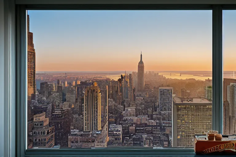 Image similar to photograph looking out of an apartment window in manhattan new york city, sunrise!! dawn, early morning light, cinematic, epic scene, volumetric light, highly detailed, 50mm, f8, fujifilm, Daniel Kordan, Flickr, 500px,