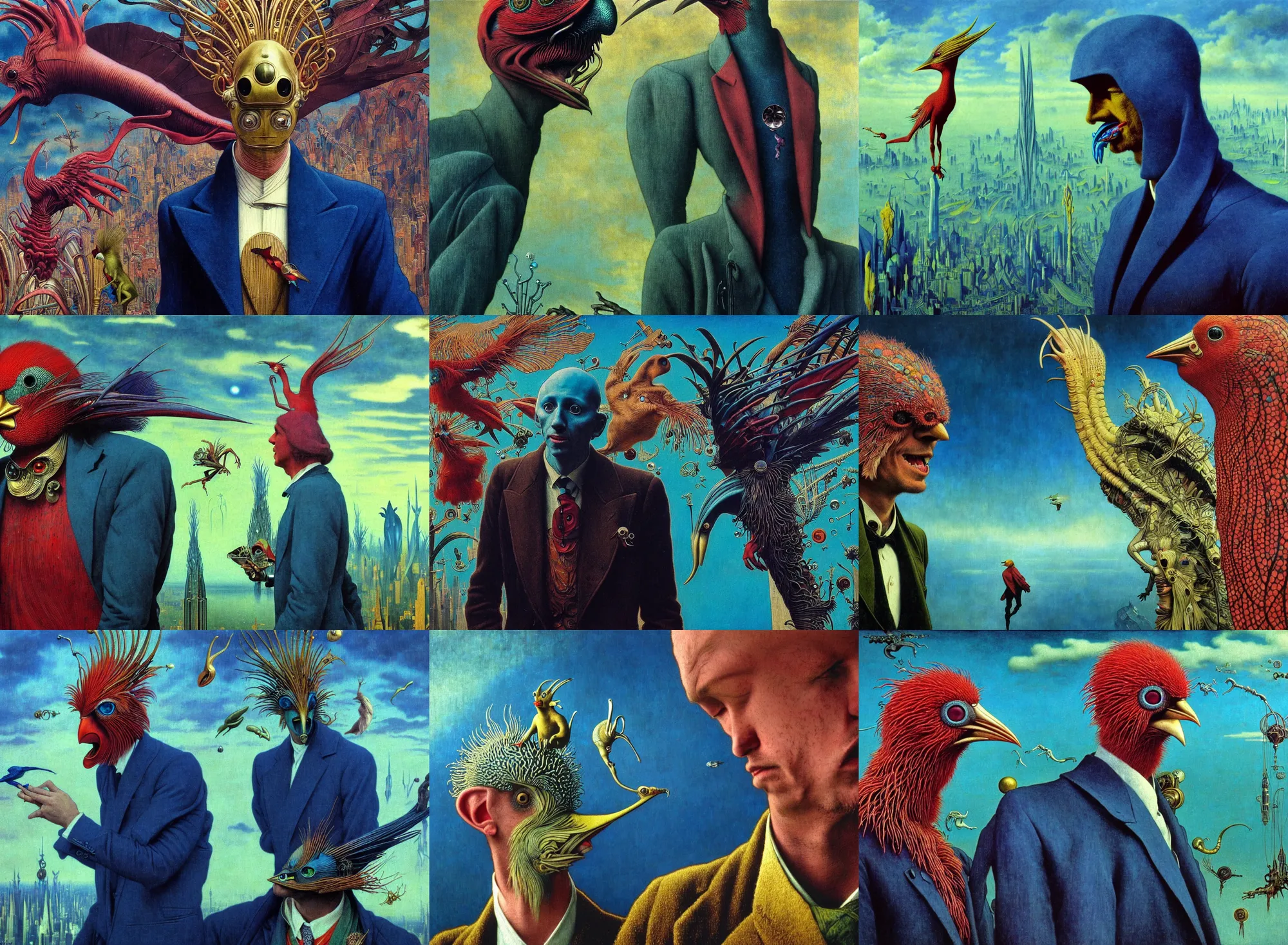 Prompt: realistic detailed portrait movie shot of a birdman wearing a dark blazer, sci fi city landscape background by denis villeneuve, amano, yves tanguy, alphonse mucha, ernst haeckel, max ernst, roger dean, masterpiece, rich moody colours, dog teeth, blue eyes