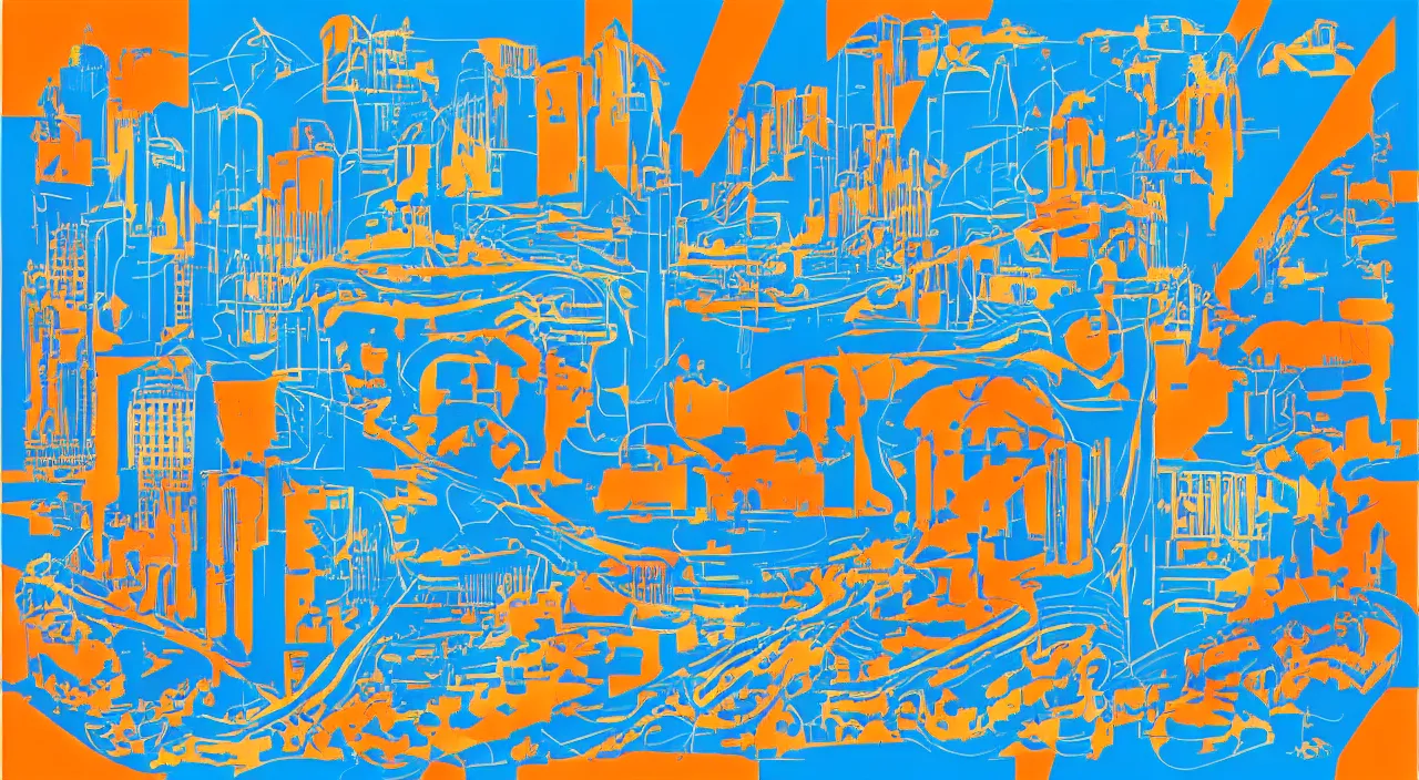 Image similar to axon drawing of las vegas, blue and orange complimentary color scheme, in style vector art style of tom whalen