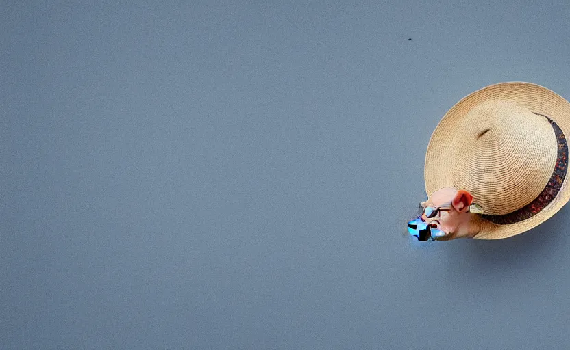 Prompt: a cute pig wearing a straw hat at blue hour, twilight, cool, award winning 4 k photo, twilight cool light, low angle!!!!, low angle, e, from below, worms - eye - view