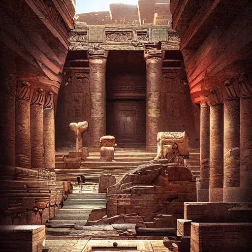 Image similar to ancient egypts interior with waterfalls, digital art, retrowave