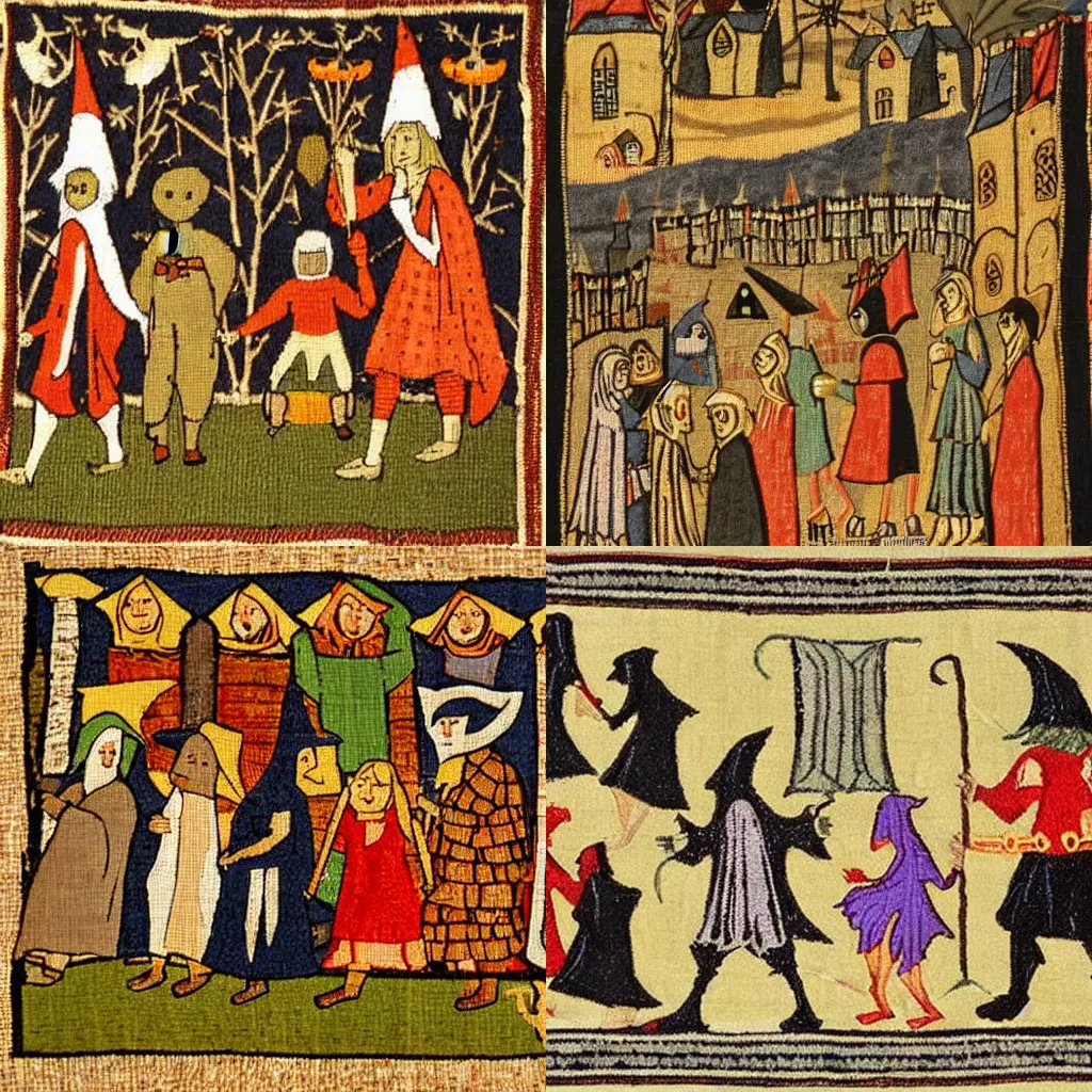 Prompt: medieval tapestry of children trick or treating on halloween, 1 0 th century