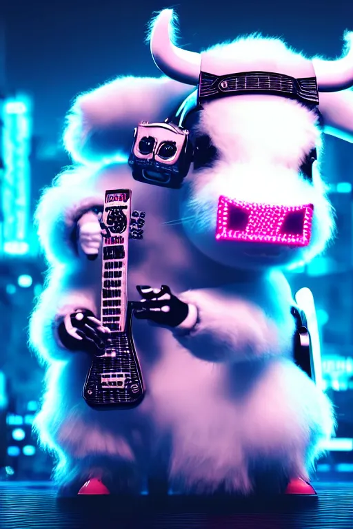 Image similar to high quality 3 d render very cute fluffy! cyborg cow plays guitar, cyberpunk highly detailed, unreal engine cinematic smooth, in the style of blade runner & detective pikachu, hannah yata charlie immer, moody light, low angle, uhd 8 k, sharp focus