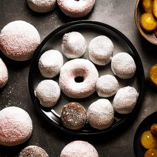 Image similar to powdered donuts and pickles piled on an ornate platter, high resolution photograph, beautiful lighting