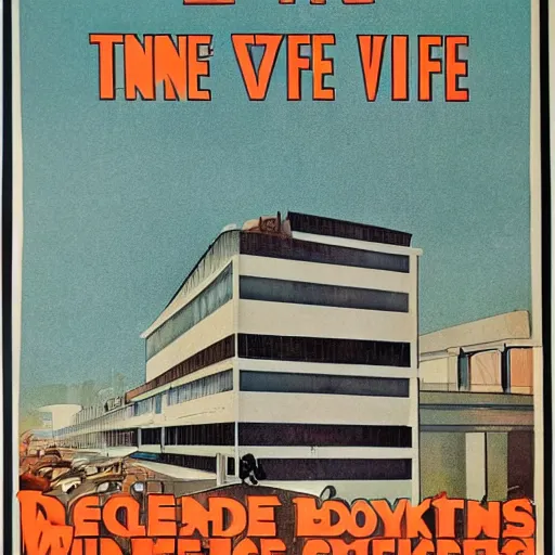 Image similar to 1930s poster of an infinite 70s office view from the bottom and some workers