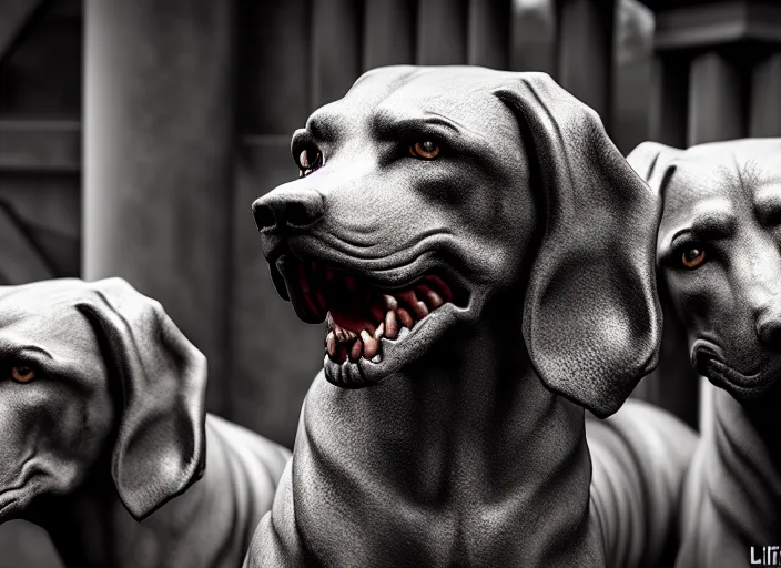 Image similar to photo of a real life photorealistic cerberus hound guarding the gates to the underworld. fantasy horror style. highly detailed 8 k. intricate. lifelike. soft light. nikon d 8 5 0 5 5 mm. dof. cinematic post - processing.