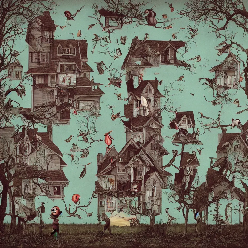 Image similar to anamorphic birds walking past a house, lowbrow surrealistic, in the style of Mark Ryden,