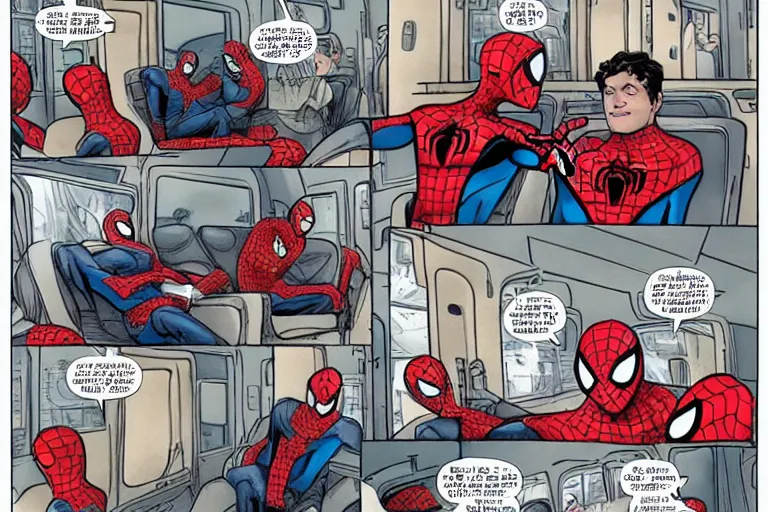 Image similar to spider man and spider man sitting in a train talking about the new marvel movie, as a panel of a Marvel comic