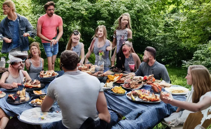 Prompt: a small group of friends having a bbq with a grey alien at the backgarden of a detroit house