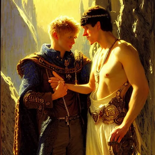 Prompt: attractive arthur pendragon with attractive male merlin the mage. they are in love. highly detailed painting by gaston bussiere, craig mullins, j. c. leyendecker