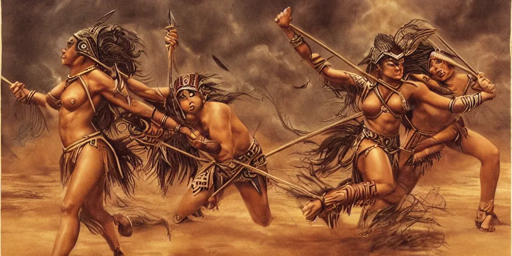Image similar to powerful beautiful aztec and Amazonian warrior females fight, bow, flying arrows, spear, epic camera, vintage, Boris vallejo, sepia, apocalypto