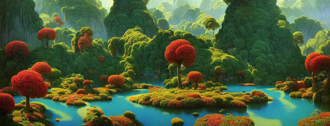 Prompt: a gorgeous very early spring series of lush islands separated by flower - lined streams, twisted gardens, painting by barlowe wayne maxfield parrish and marco mazzoni. tree no leaf!!!! china mountain village!! very little light verdancy. ultra clear detailed. 3 d, octane render. turbulent blood lake.