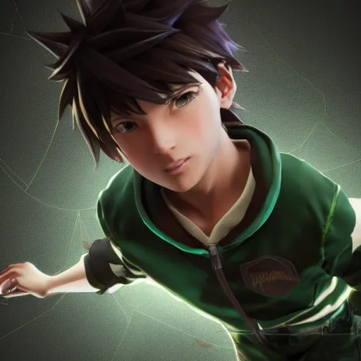 Image similar to a brown haired green eyes boy in a dynamic pose. character design. gesture drawing. line of action. official art, unreal engine 5, unreal engine. tetsuya nomura. medium shot. ray tracing hdr. 8 k. uhd. sharp focus. highly detailed. masterpiece. anime render. cinematic lighting. lifelike. symmetrical face. beautiful face