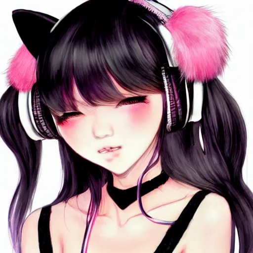 Image similar to realistic beautiful gorgeous buxom natural cute blushed shy girl Blackpink Lalisa Manoban black hair cute fur black cat ears, wearing white camisole, headphones, black leather choker artwork drawn full HD 4K highest quality in artstyle by professional artists WLOP, Taejune Kim, Guweiz on Pixiv Instagram Artstation