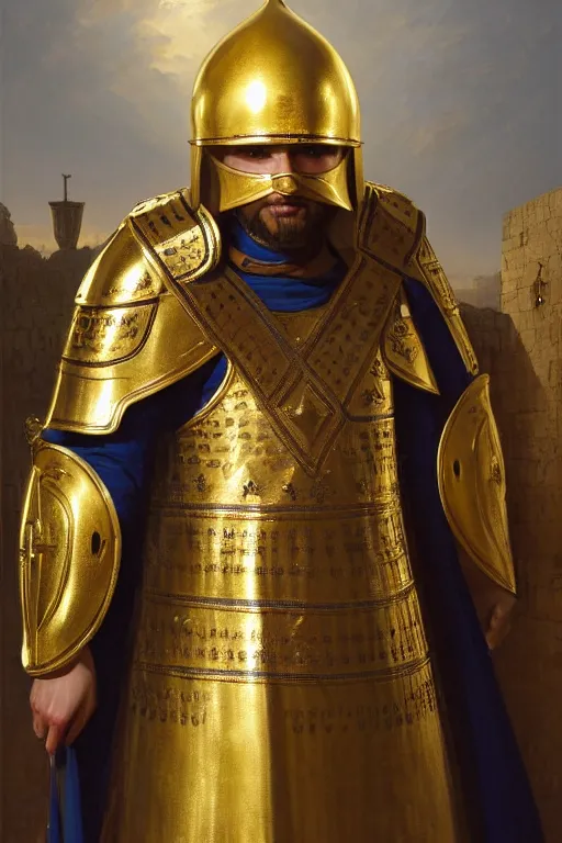 Image similar to man looking forward in decorated with gold baroque style christian crusader armor, helmet covering a his face covered and decorated with golden cross on it and white cape covering half of his body standing at the gates of jerusalem drawn by greg rutkowski realistic high detail