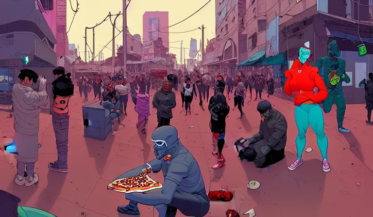 Prompt: cyborg eating pizza at a dirty crowded streetcorner, cyberpunk, by Josan Gonzalez and Tomer Hanuka and Moebius, bokh, dof