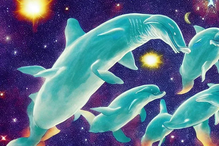 Image similar to a group of cosmic dolphins jumping out of a cosmic ocean in space