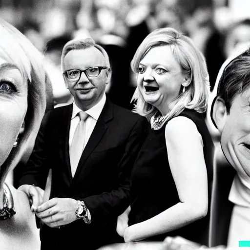 Prompt: hyperrealistic photography of elizabeth truss, conservative MP, lost and confused in a rave with michael gove