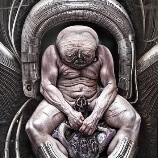 Image similar to joe rogan sleeping by H. R. Giger trending on artstation, detailed art, oil painting, high fantasy, horror, science fiction